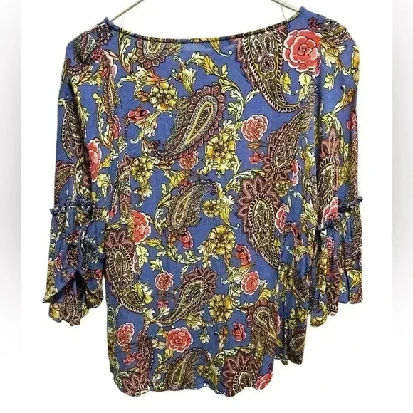 EST. 1946 purple and gold floral belle sleeve top - Picture 2 of 3